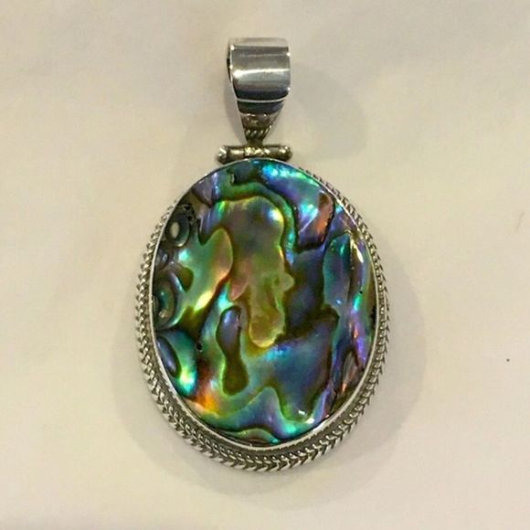 Abalone and Sterling Silver Oval Pendant with Rope Trim Around Bezel - Picture 1 of 15